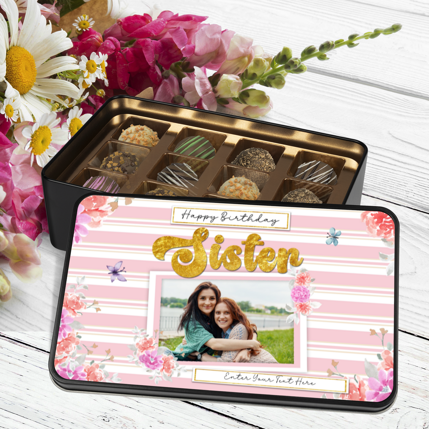 Happy Birthday Sister Keepsake Tin Of 12 Luxury Chocolates With Personalized Text & Photo Upload