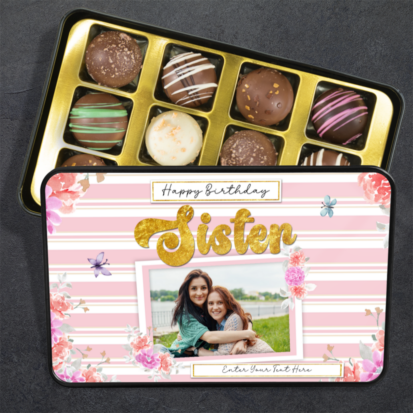 Happy Birthday Sister Keepsake Tin Of 12 Luxury Chocolates With Personalized Text & Photo Upload