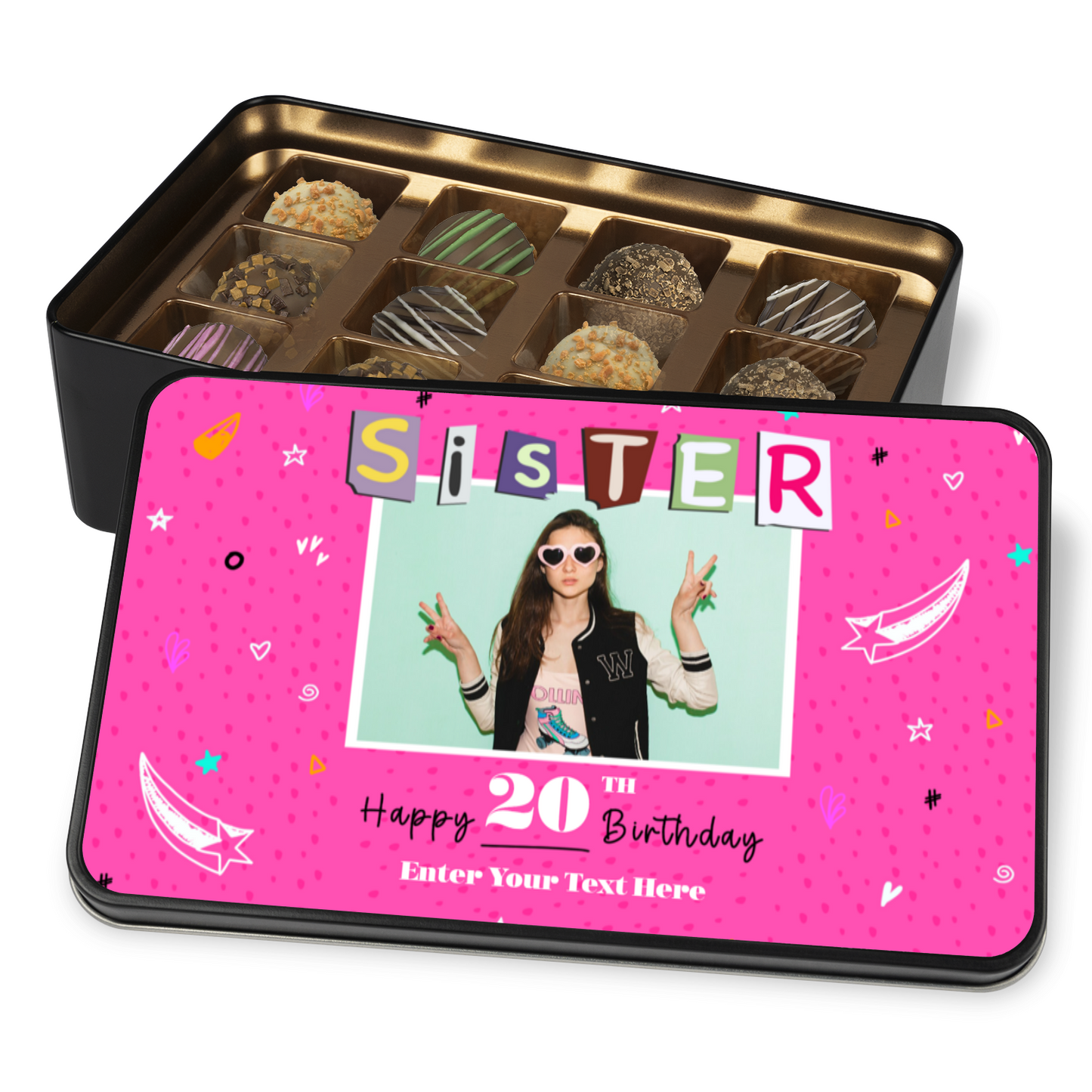 Happy Birthday Sister Keepsake Tin Of 12 Luxury Chocolates With Personalized Text Number & Photo Upload