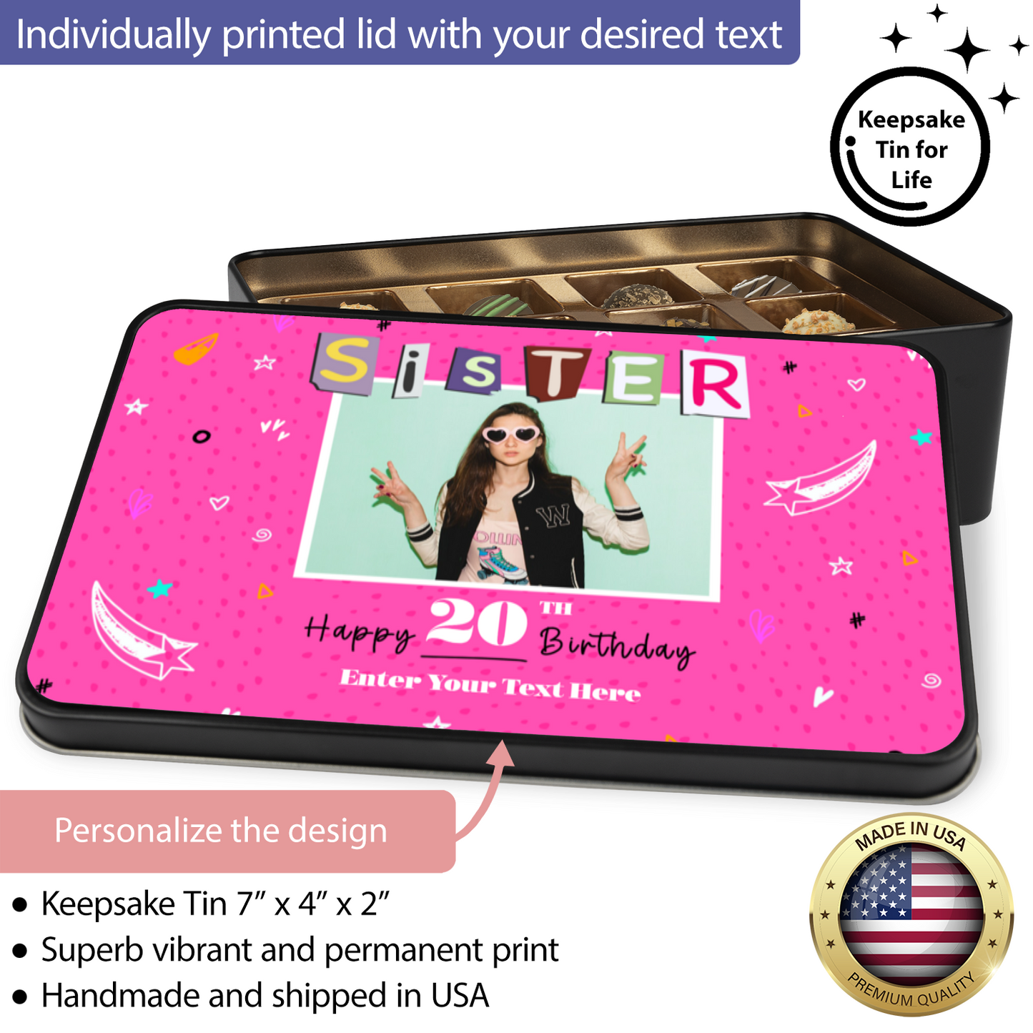 Happy Birthday Sister Keepsake Tin Of 12 Luxury Chocolates With Personalized Text Number & Photo Upload