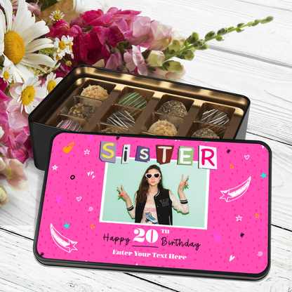 Happy Birthday Sister Keepsake Tin Of 12 Luxury Chocolates With Personalized Text Number & Photo Upload