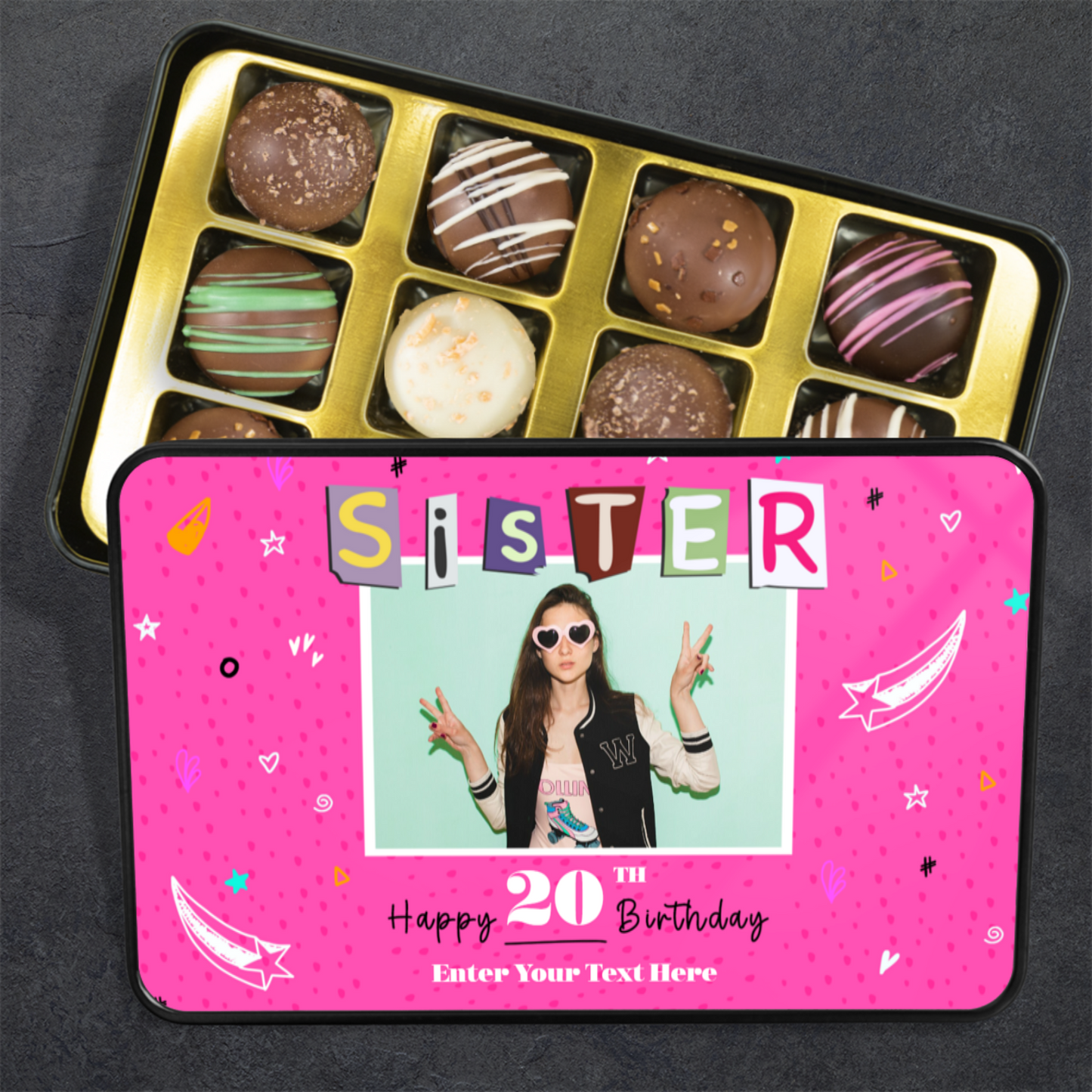 Happy Birthday Sister Keepsake Tin Of 12 Luxury Chocolates With Personalized Text Number & Photo Upload