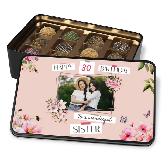 Happy Birthday Sister Keepsake Tin Of 12 Luxury Chocolates With Personalized Text Number & Photo Upload