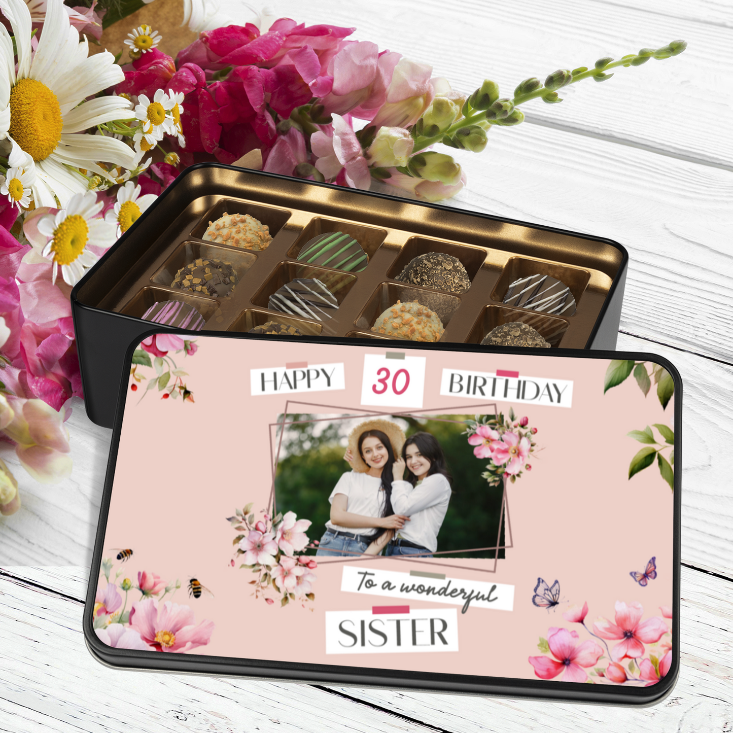 Happy Birthday Sister Keepsake Tin Of 12 Luxury Chocolates With Personalized Text Number & Photo Upload