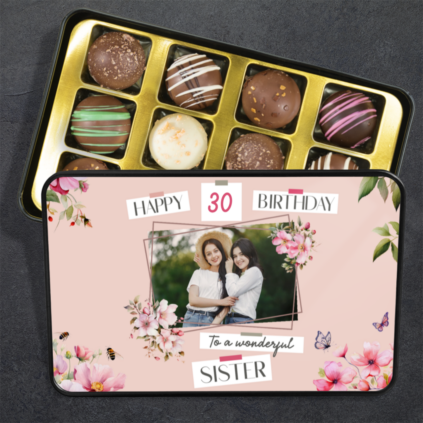 Happy Birthday Sister Keepsake Tin Of 12 Luxury Chocolates With Personalized Text Number & Photo Upload