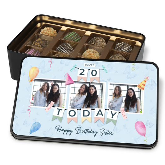 Happy Birthday Sister Keepsake Tin Of 12 Luxury Chocolates With Personalized Text Number & Photo Upload