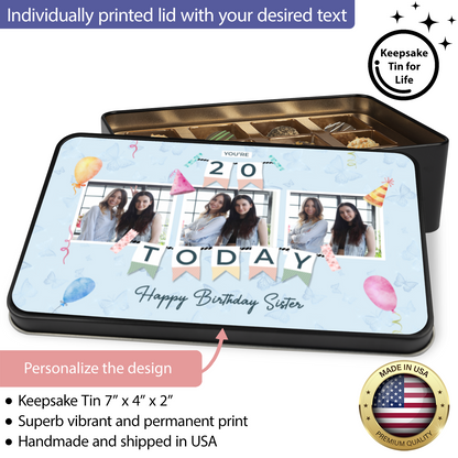 Happy Birthday Sister Keepsake Tin Of 12 Luxury Chocolates With Personalized Text Number & Photo Upload