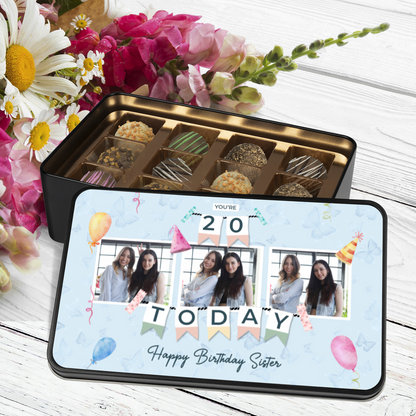 Happy Birthday Sister Keepsake Tin Of 12 Luxury Chocolates With Personalized Text Number & Photo Upload