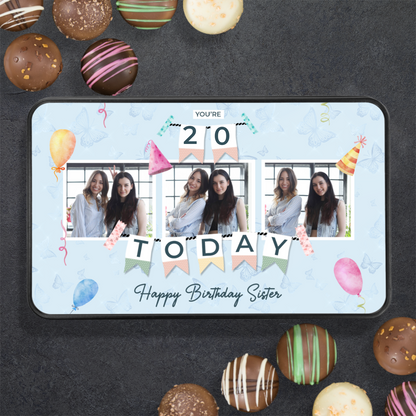 Happy Birthday Sister Keepsake Tin Of 12 Luxury Chocolates With Personalized Text Number & Photo Upload