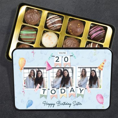 Happy Birthday Sister Keepsake Tin Of 12 Luxury Chocolates With Personalized Text Number & Photo Upload