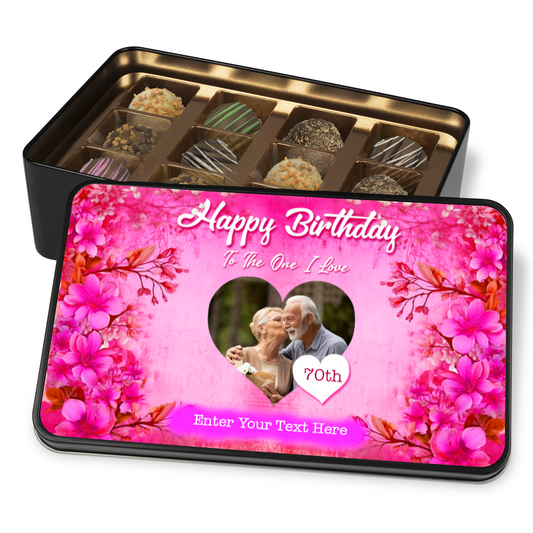 Happy Birthday To The One I Love Keepsake Tin Of 12 Luxury Chocolates With Personalized Text & Photo Upload