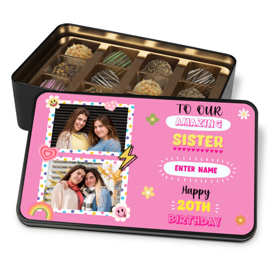 Happy Birthday Sister Keepsake Tin Of 12 Luxury Chocolates With Personalized Text Number & Photo Upload