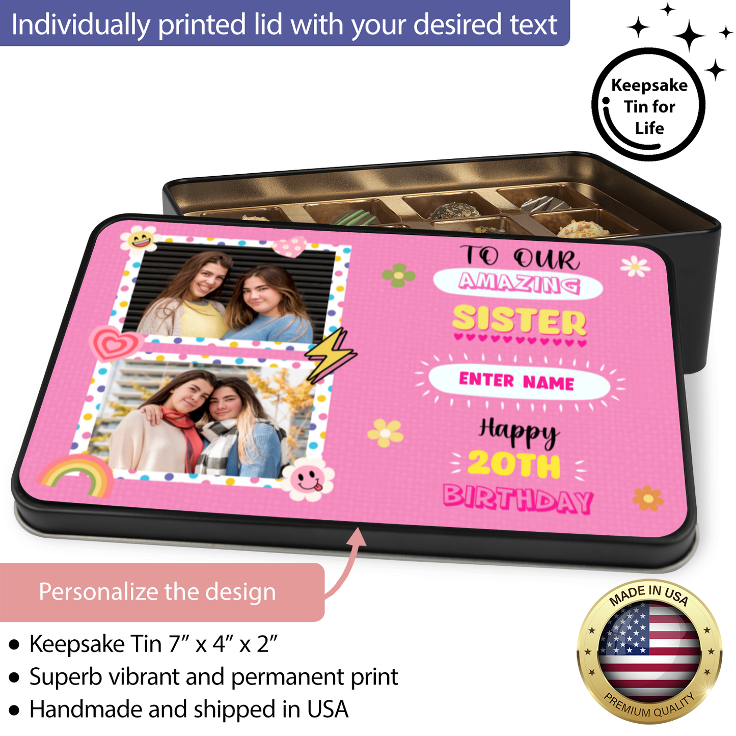 Happy Birthday Sister Keepsake Tin Of 12 Luxury Chocolates With Personalized Text Number & Photo Upload