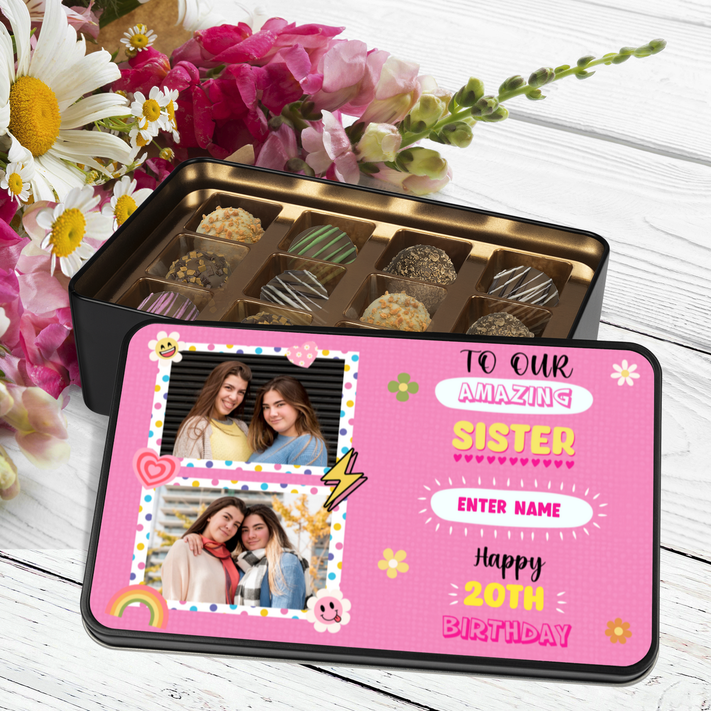 Happy Birthday Sister Keepsake Tin Of 12 Luxury Chocolates With Personalized Text Number & Photo Upload