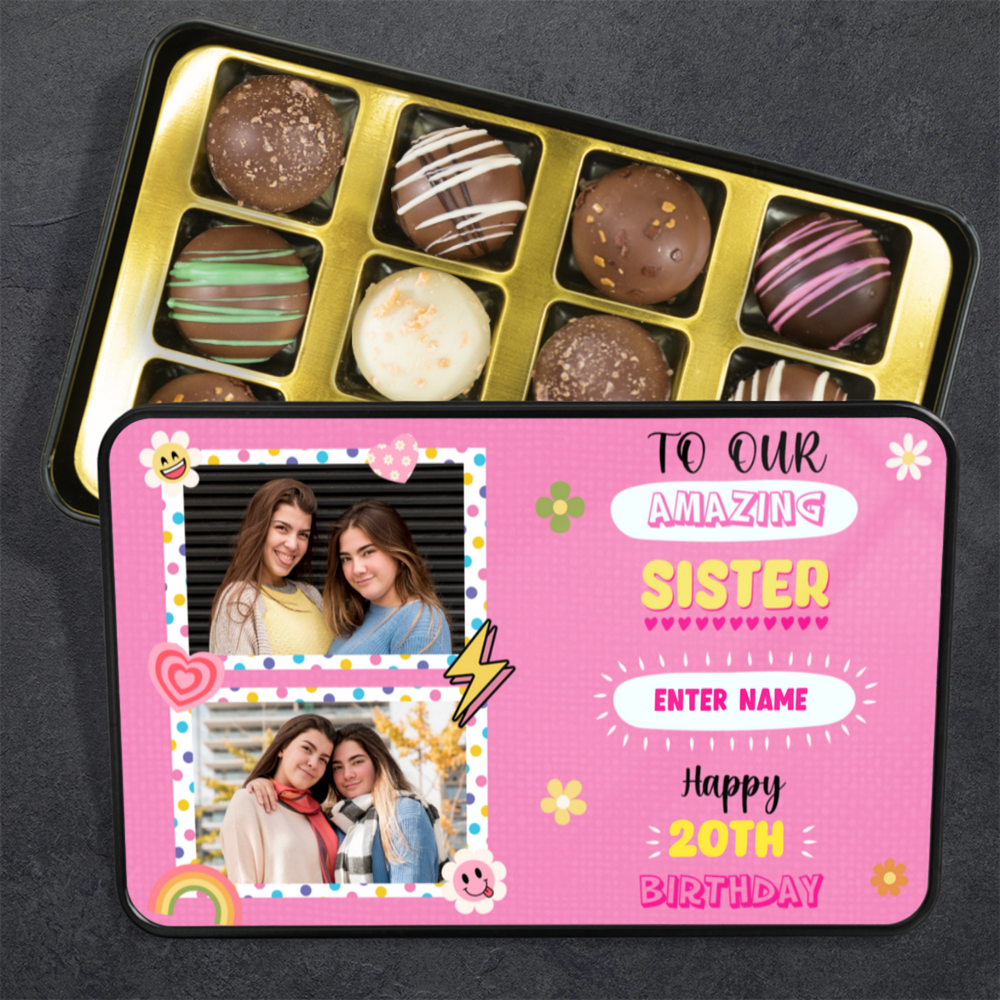 Happy Birthday Sister Keepsake Tin Of 12 Luxury Chocolates With Personalized Text Number & Photo Upload