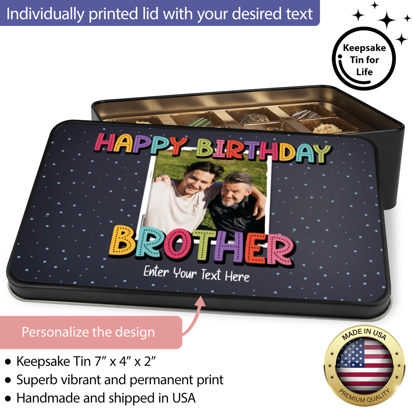 Happy Birthday Brother  Keepsake Tin Of 12 Luxury Chocolates With Personalized Text & Photo Upload