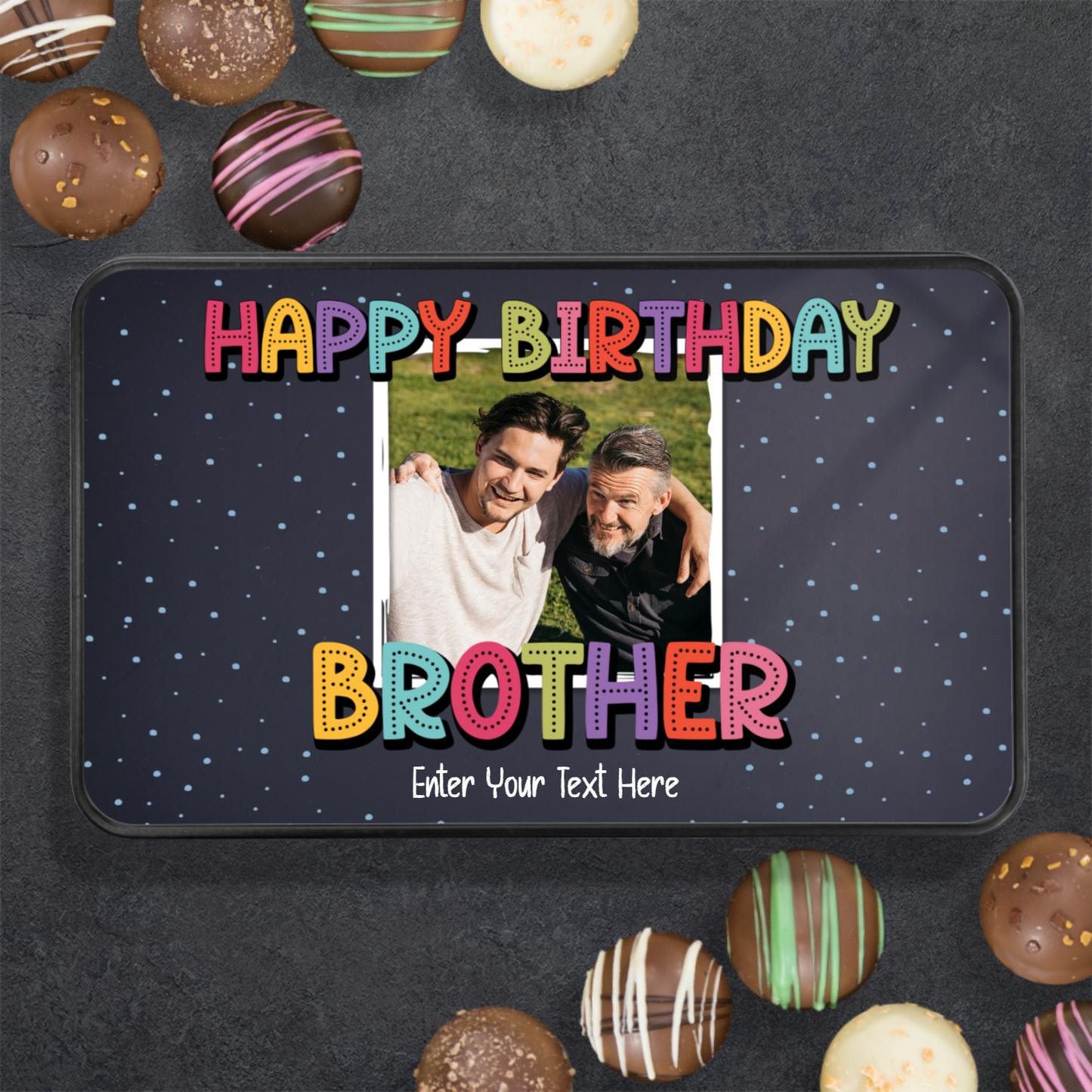 Happy Birthday Brother  Keepsake Tin Of 12 Luxury Chocolates With Personalized Text & Photo Upload