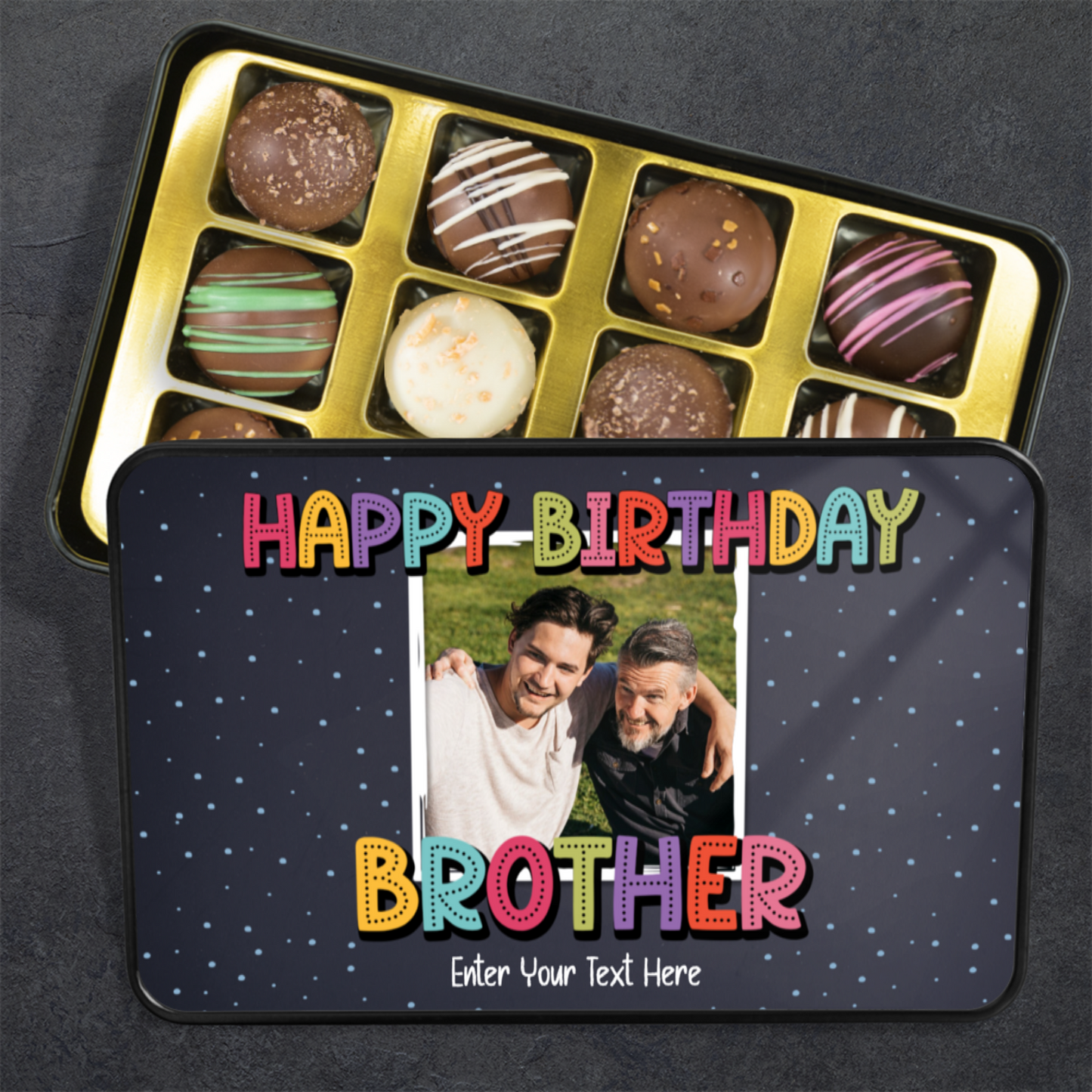 Happy Birthday Brother  Keepsake Tin Of 12 Luxury Chocolates With Personalized Text & Photo Upload