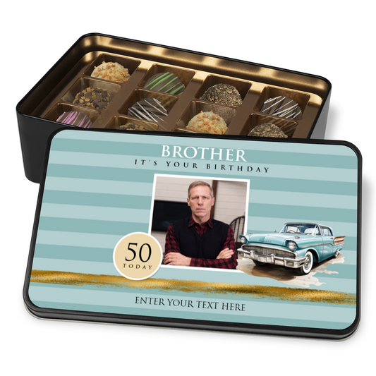 Brother Its Your Birthday   Keepsake Tin Of 12 Luxury Chocolates With Personalized Text Age & Photo Upload