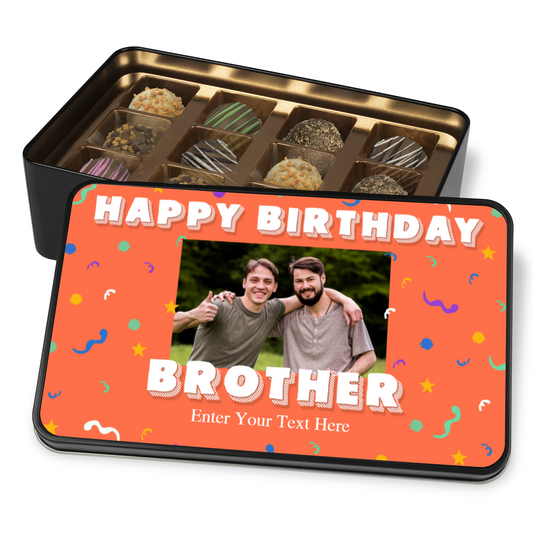 Happy Birthday Keepsake Tin Of 12 Luxury Handmade Chocolates With Personalized Text & Photo Upload