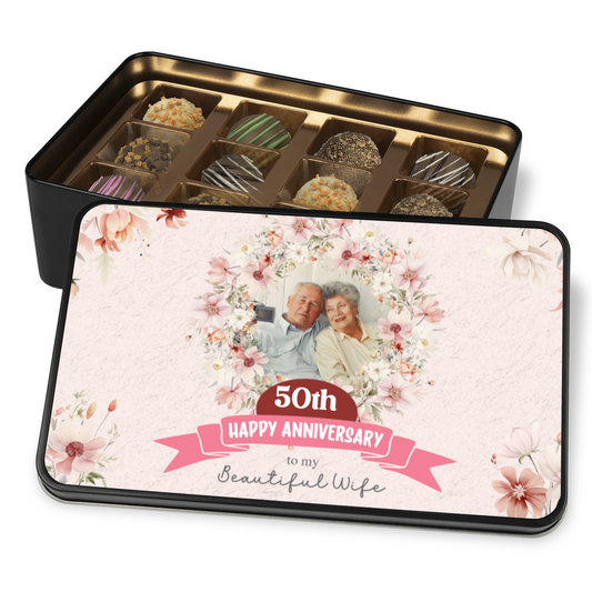 Happy Anniversary To My Beautiful Wife  Keepsake Tin Of 12 Luxury Chocolates With Photo Upload