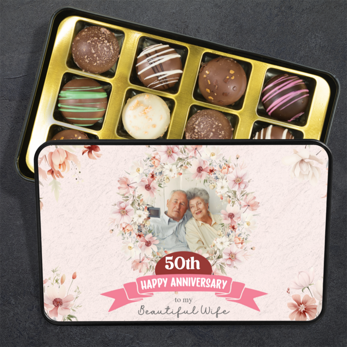 Happy Anniversary To My Beautiful Wife  Keepsake Tin Of 12 Luxury Chocolates With Personalized Photo Upload & Years