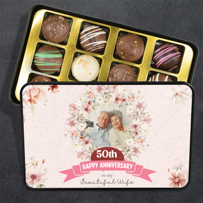 Happy Anniversary To My Beautiful Wife  Keepsake Tin Of 12 Luxury Chocolates With Personalized Photo Upload & Years