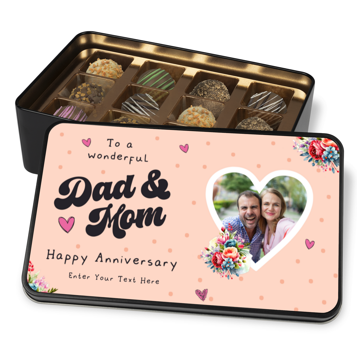 Happy Anniversary Mom & Dad  Keepsake Tin Of 12 Luxury Chocolates With Personalized Text & Photo Upload