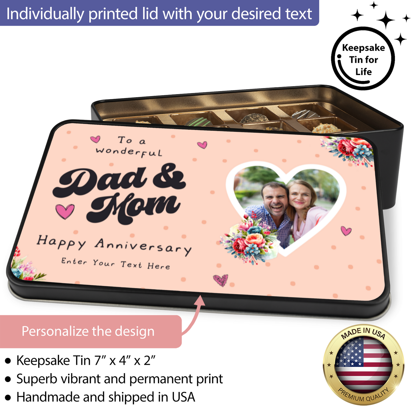 Happy Anniversary Mom & Dad  Keepsake Tin Of 12 Luxury Chocolates With Personalized Text & Photo Upload