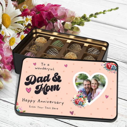 Happy Anniversary Mom & Dad  Keepsake Tin Of 12 Luxury Chocolates With Personalized Text & Photo Upload