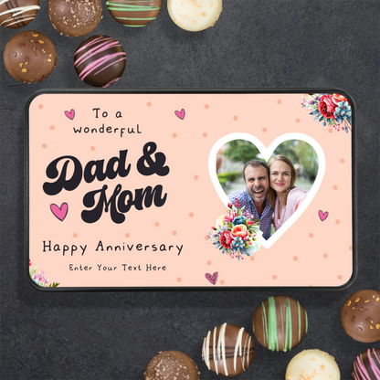 Happy Anniversary Mom & Dad  Keepsake Tin Of 12 Luxury Chocolates With Personalized Text & Photo Upload