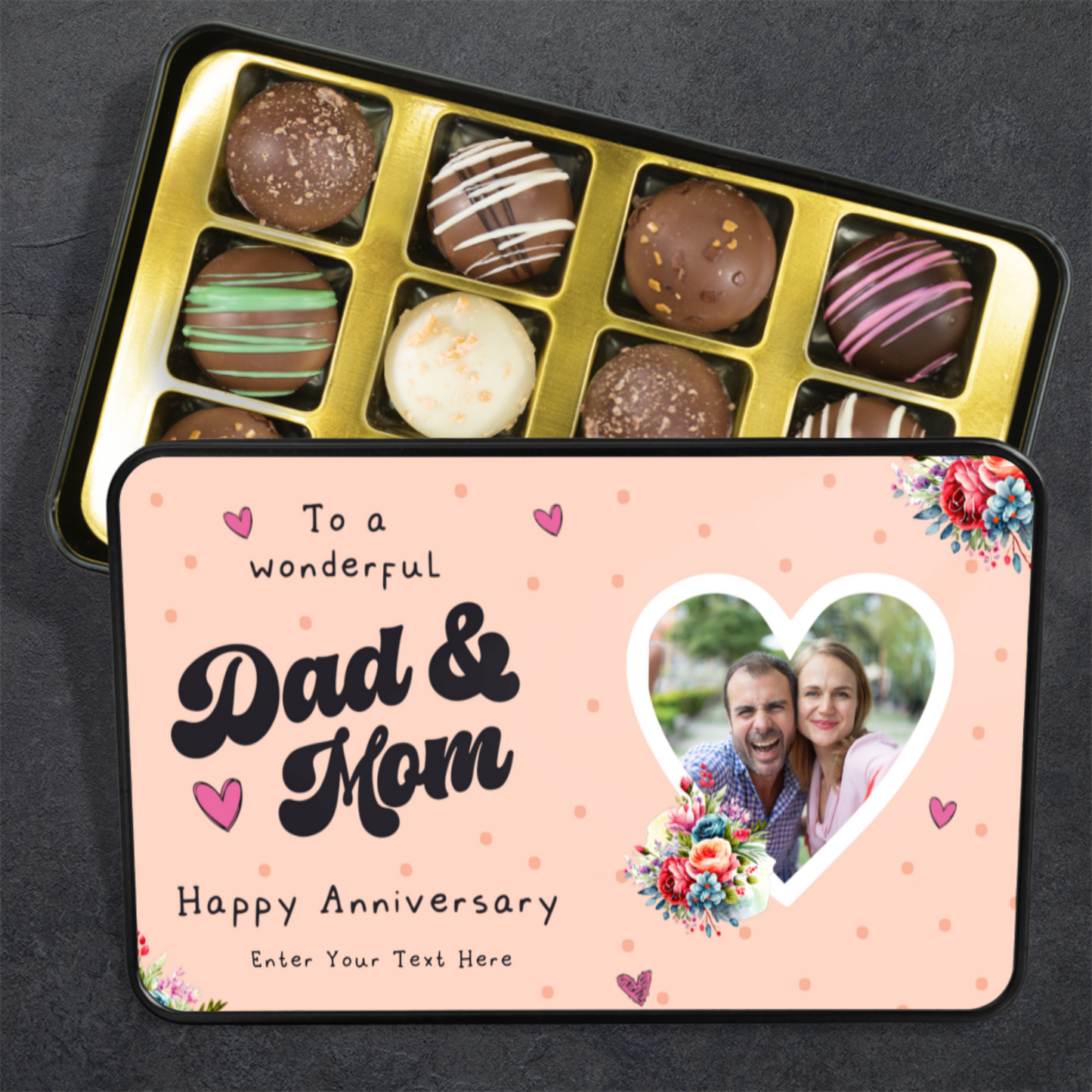 Happy Anniversary Mom & Dad  Keepsake Tin Of 12 Luxury Chocolates With Personalized Text & Photo Upload