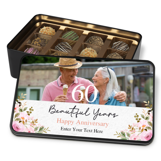 60 Beautiful Years  Keepsake Tin Of 12 Luxury Chocolates With Personalized Text Number & Photo Upload