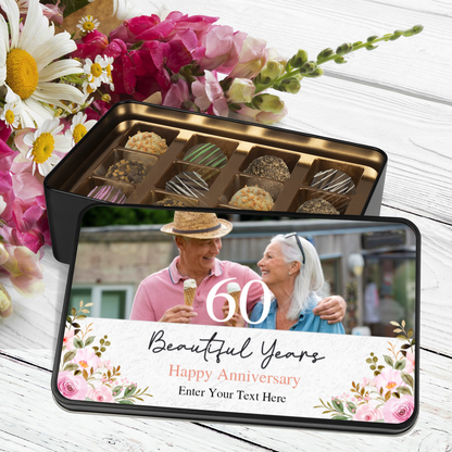 60 Beautiful Years  Keepsake Tin Of 12 Luxury Chocolates With Personalized Text Number & Photo Upload