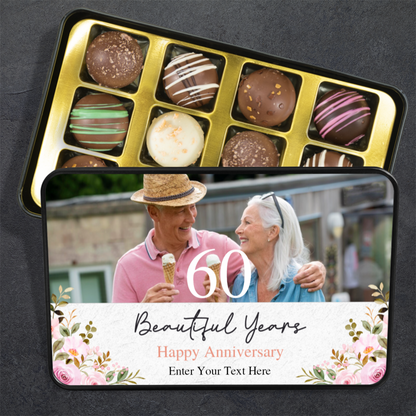 60 Beautiful Years  Keepsake Tin Of 12 Luxury Chocolates With Personalized Text Number & Photo Upload