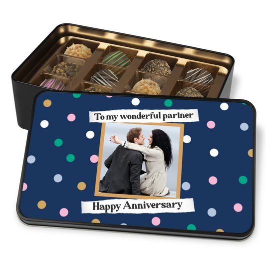 Happy Anniversary To My Wonderful Partner  Keepsake Tin Of 12 Luxury Chocolates With Personalized  Photo Upload