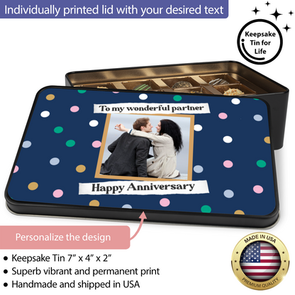 Happy Anniversary To My Wonderful Partner  Keepsake Tin Of 12 Luxury Chocolates With Personalized  Photo Upload