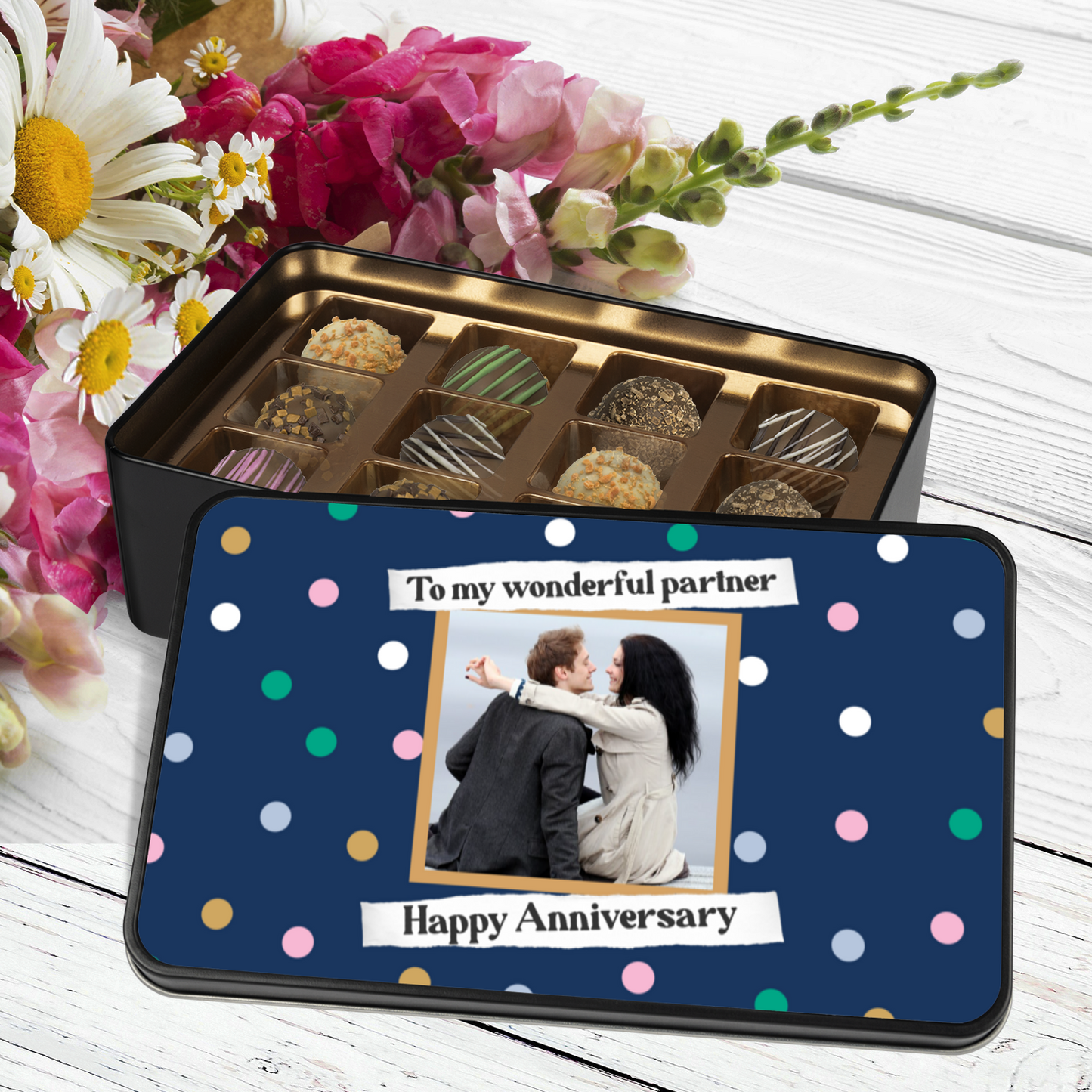 Happy Anniversary To My Wonderful Partner  Keepsake Tin Of 12 Luxury Chocolates With Personalized  Photo Upload