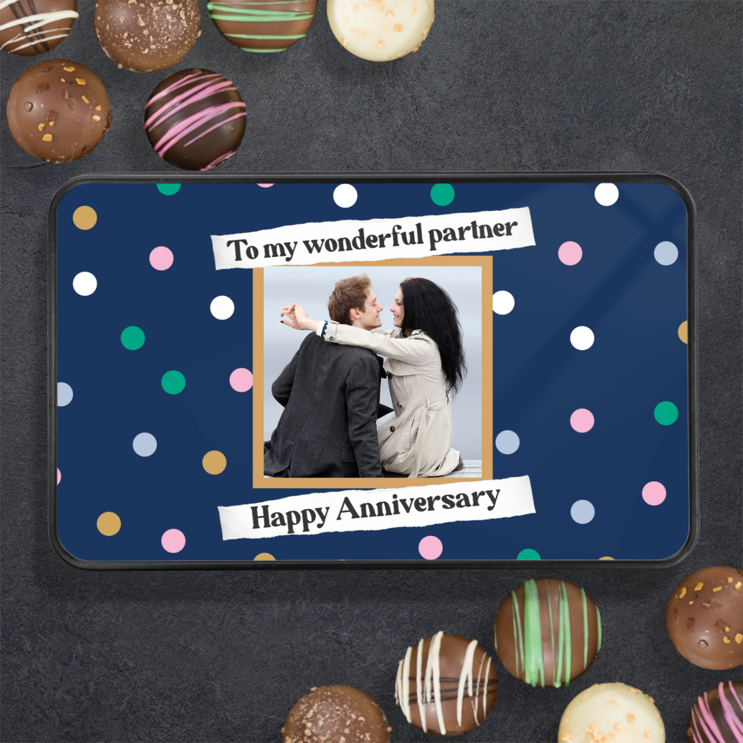 Happy Anniversary To My Wonderful Partner  Keepsake Tin Of 12 Luxury Chocolates With Personalized  Photo Upload