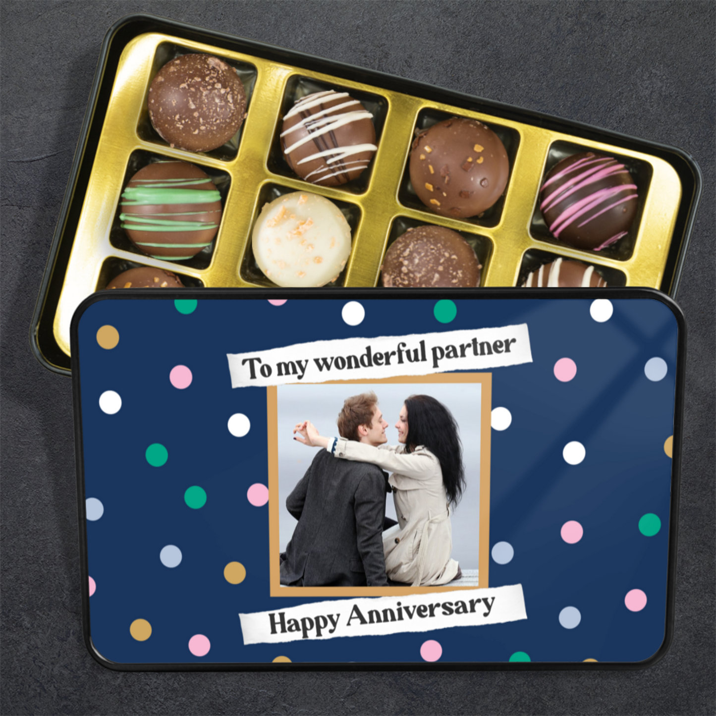 Happy Anniversary To My Wonderful Partner  Keepsake Tin Of 12 Luxury Chocolates With Personalized  Photo Upload