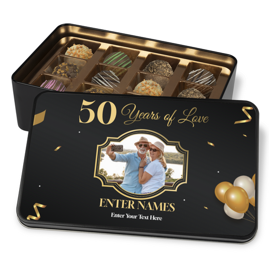 50 Years Of Love  Keepsake Tin Of 12 Luxury Chocolates With Personalized Text Number & Photo Upload