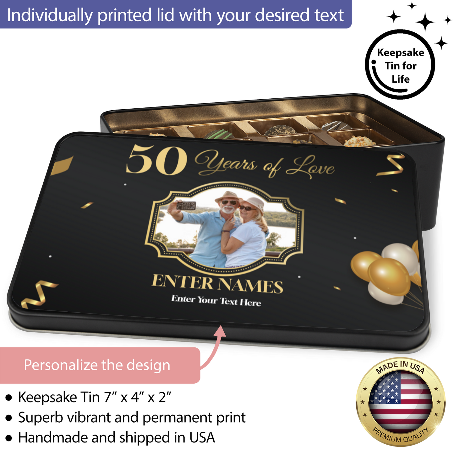 50 Years Of Love  Keepsake Tin Of 12 Luxury Chocolates With Personalized Text Number & Photo Upload