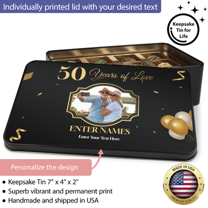 50 Years Of Love  Keepsake Tin Of 12 Luxury Chocolates With Personalized Text Number & Photo Upload