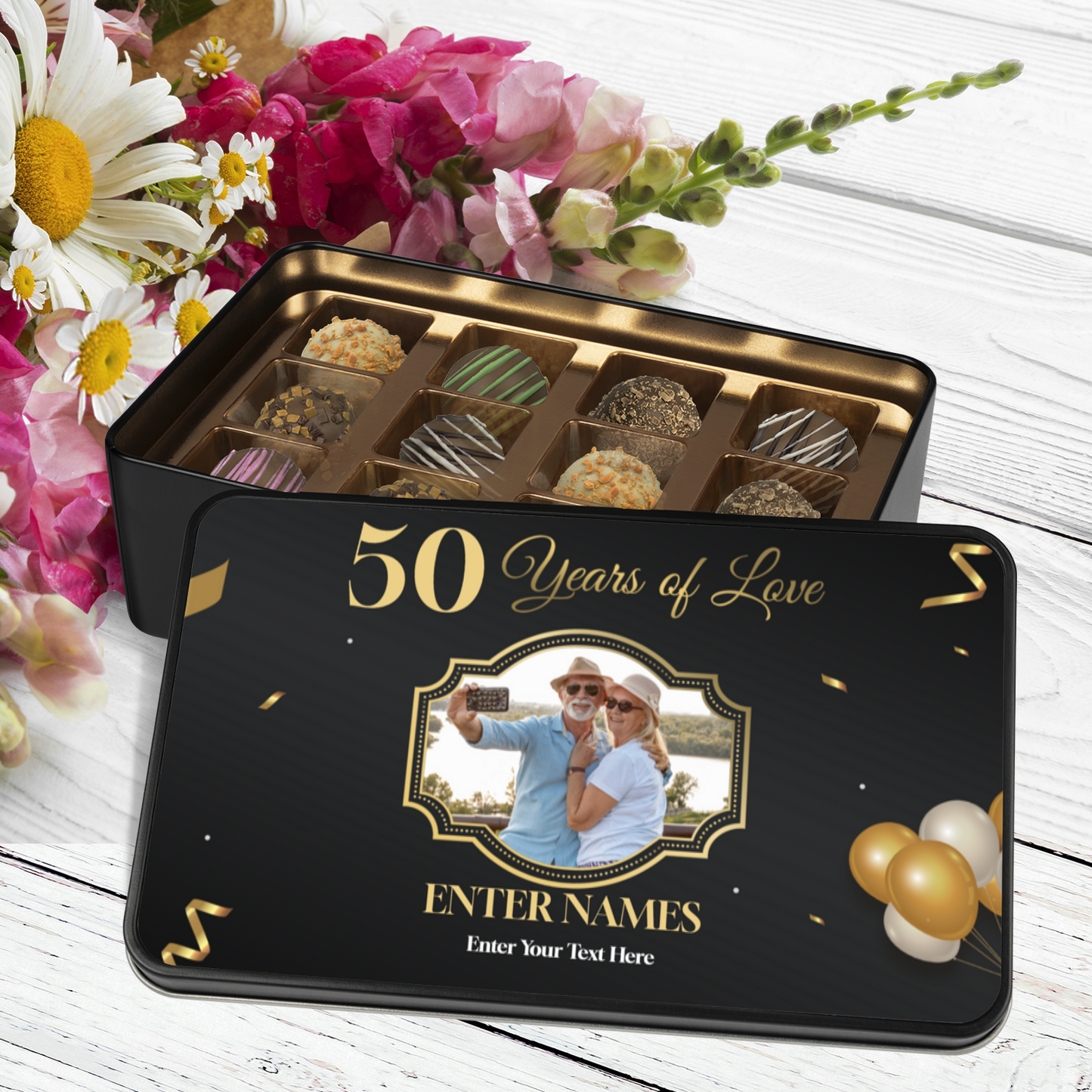 50 Years Of Love  Keepsake Tin Of 12 Luxury Chocolates With Personalized Text Number & Photo Upload