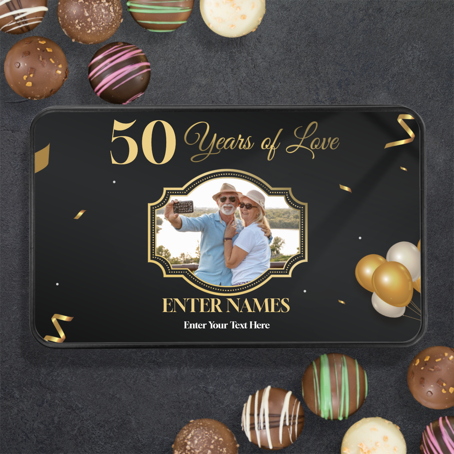 50 Years Of Love  Keepsake Tin Of 12 Luxury Chocolates With Personalized Text Number & Photo Upload