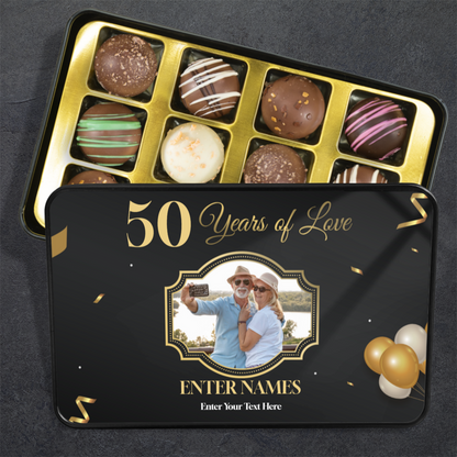 50 Years Of Love  Keepsake Tin Of 12 Luxury Chocolates With Personalized Text Number & Photo Upload