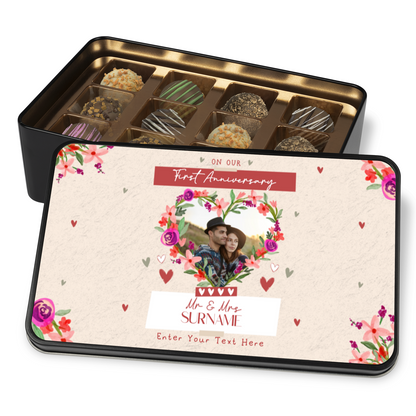 On Our First Anniversary  Keepsake Tin Of 12 Luxury Chocolates With Personalized Text & Photo Upload