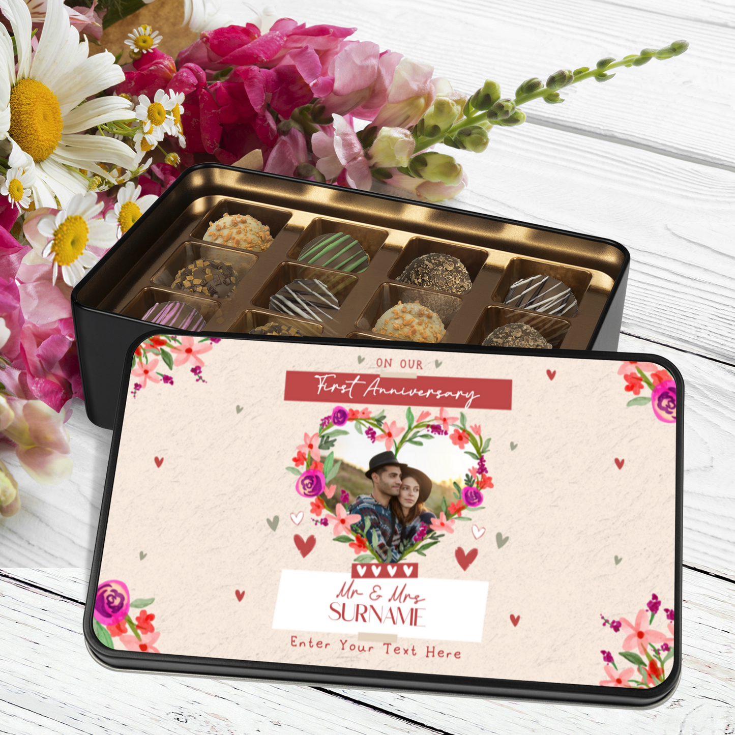 On Our First Anniversary  Keepsake Tin Of 12 Luxury Chocolates With Personalized Text & Photo Upload