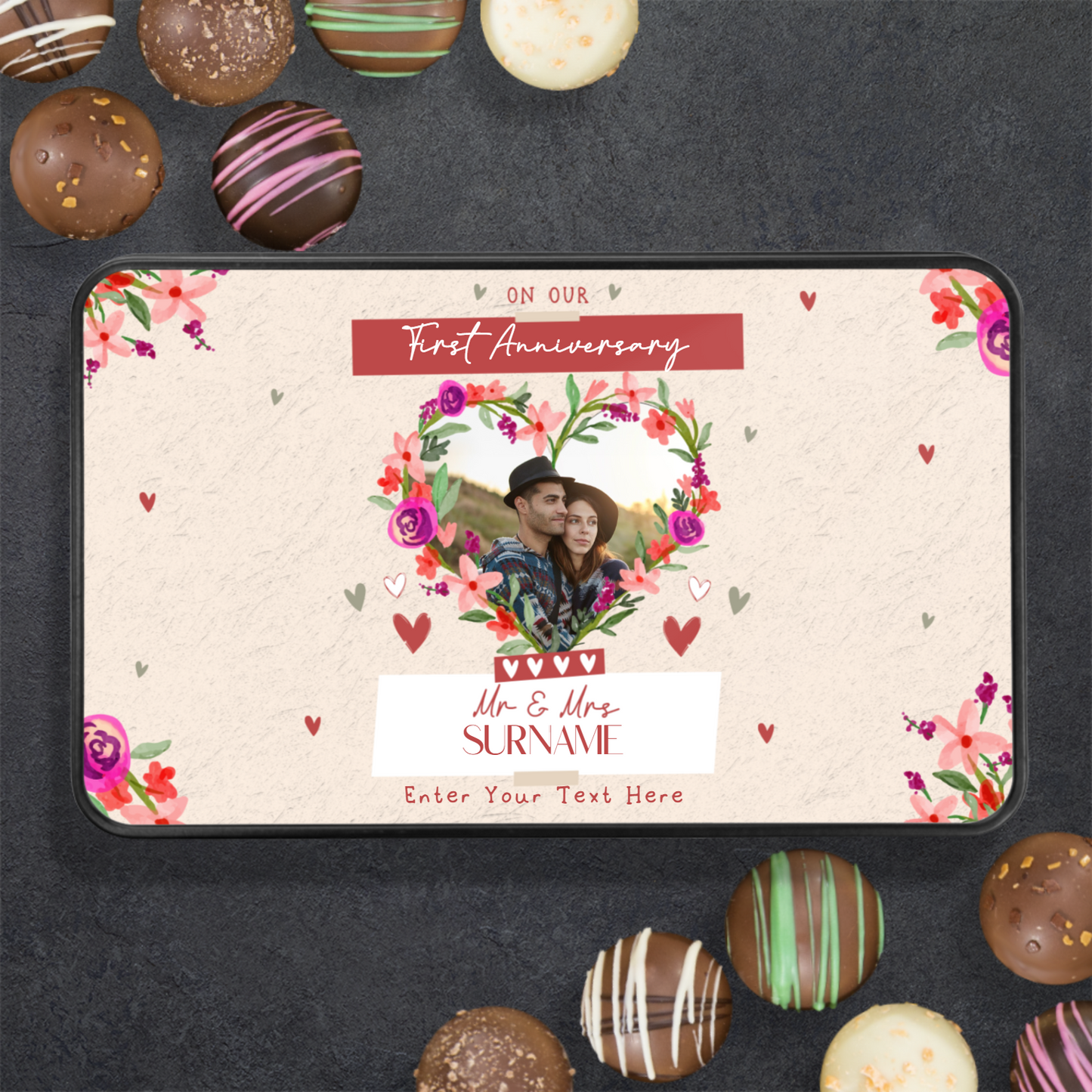 On Our First Anniversary  Keepsake Tin Of 12 Luxury Chocolates With Personalized Text & Photo Upload