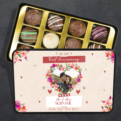 On Our First Anniversary  Keepsake Tin Of 12 Luxury Chocolates With Personalized Text & Photo Upload